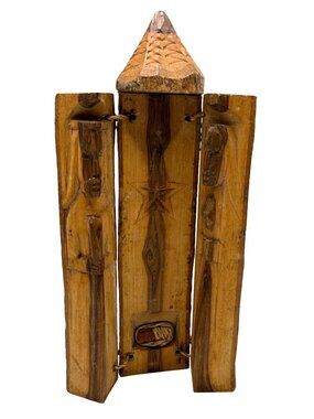 Triptych Nativity Scene Hand Carved Olive Wood Kenya Folk Art Folding Panels